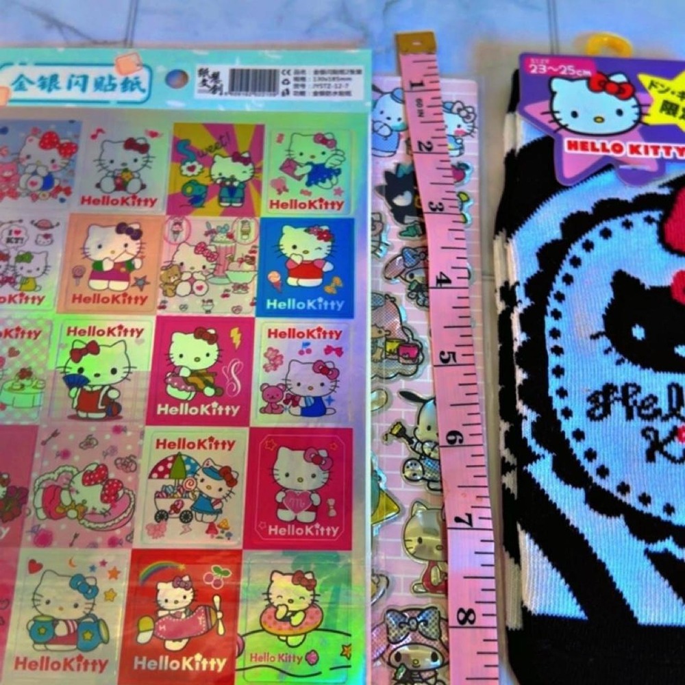 4-Piece grunge Sanrio Hello Kitty Socks & Holographic Stickers Bundle NWT - Picture 5 of 8
